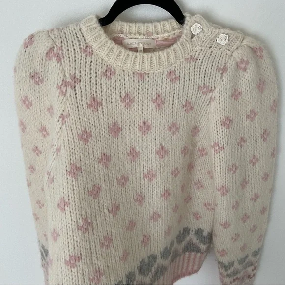 LoveShackFancy Rosie Pullover Sweater Alpaca Pink Cream Fair Isle Milky - Picture 4 of 12